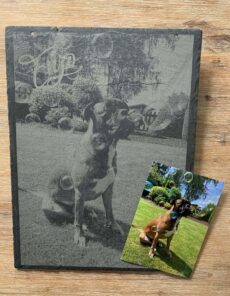 Hundeaufnahme mit Bubble-Effekt, personalisiert durch Lasergravur, auf Schieferplatte, Geschenkidee, Haustierfoto, Haustiergeschenk, Lübbecke, Laserart Kevin Langer.