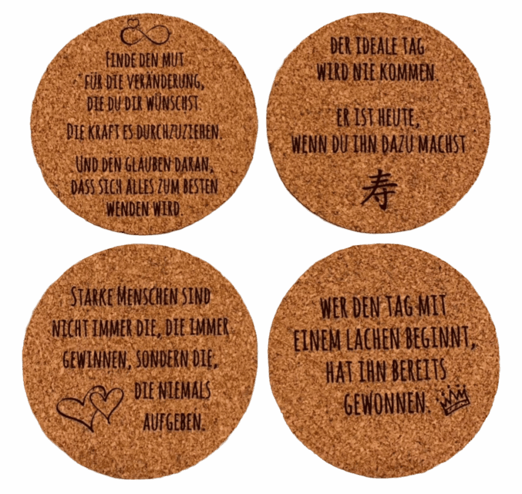 Mutpruch auf Authentizität und Inspiration: Kork-basierte Untersetzer mit motivierenden Sprüchen und symbolischen Designs, perfekt für positive Momente und als dekoratives Element für dein Zuhause oder Büro in Lübbecke.