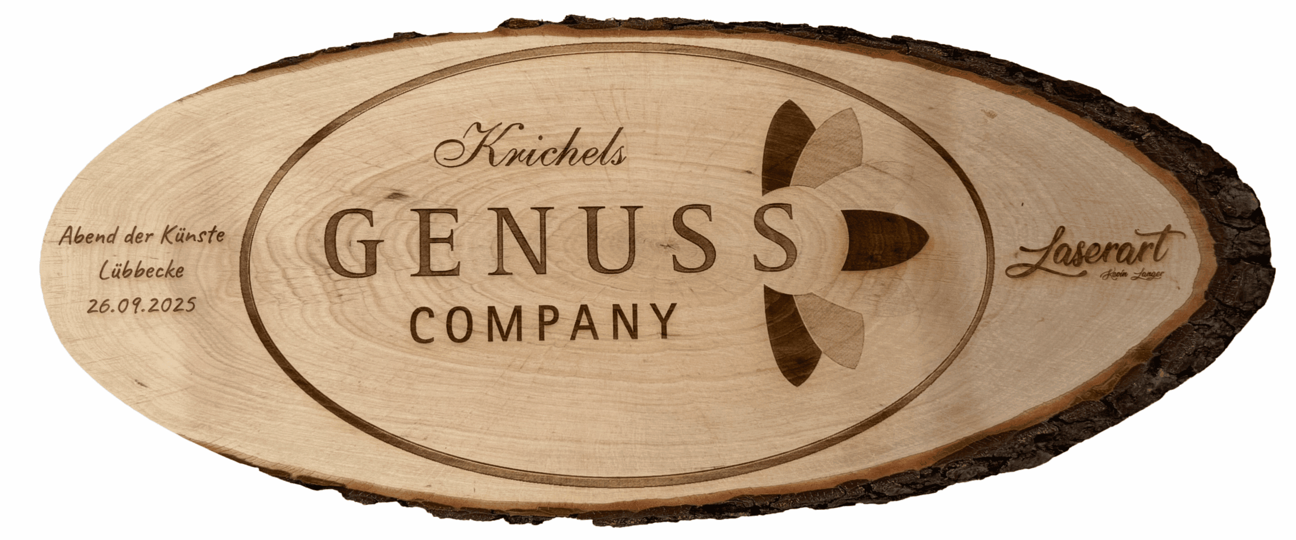Rindenbrett mit Logo graviert bei Laserart Kevin Langer
