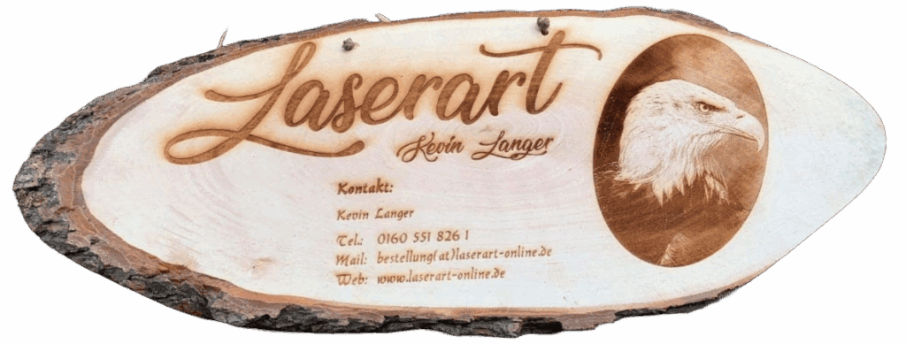 2. Hochwertiges Holzschild mit Lasergravur und Adler-Motiv, personalisiert mit Kontaktinformationen, für den Geschäftsbetrieb bei Laserart Kevin Langer in Lübbecke.