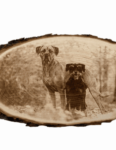 Rindenbrett mit Lasergravur zweier Hunde graviert bei Laserart Kevin Langer